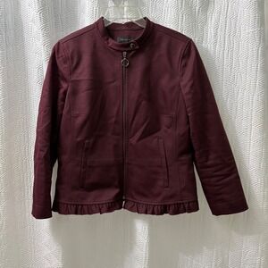 Ann Taylor Luxury Jacket Ruffle Hem Full Zip Burgundy Moto Style Size 12 NWOT‎